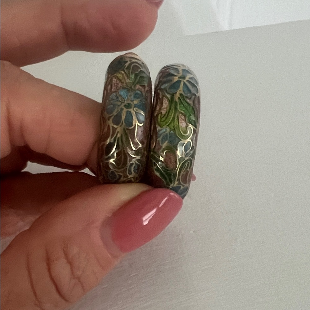 Vintage Floral Cloissone Enamel Hoop Earrings